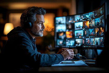 Poster - a person multitasking between a video call and working on a document in a home office. concept of re