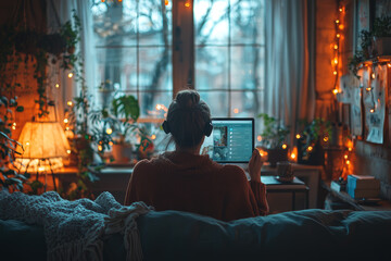 Poster - A person holding a video conference call with colleagues, while working from a cozy living room. Concept of remote work culture.