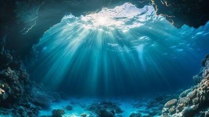 Wall Mural - Sunlight penetrates the crystalline water, illuminating an intricate underwater cave, surrounded by diverse marine life and coral formations