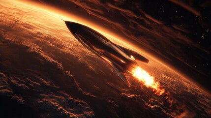 Fototapete - A spacecraft ascends into space, its engines blazing with a bright orange flame as it leaves the Earth's atmosphere