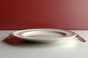 Sticker - A minimalistic dining table set with a single plate and cutlery on a clean surface. Concept of simple dining.