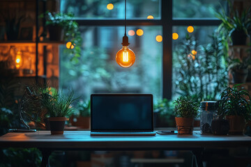 Poster - A home office desk featuring a laptop, desk lamp, and inspirational quotes on the wall. Concept of motivation and remote work.