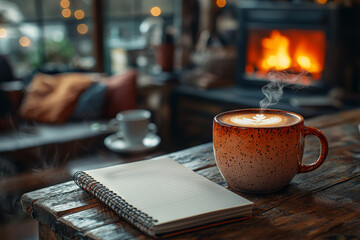 Poster - a cozy home workspace with a desktop computer, coffee mug, and notebooks. concept of remote work env