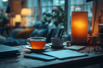 Poster - A close-up of a home workspace with a laptop, a notepad, and a cup of tea during a video call. Concept of remote work environment.