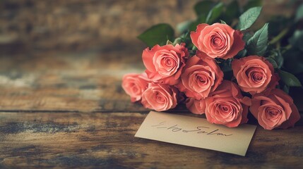 Poster - Pink roses are beautifully arranged next to a handwritten note on a rustic wooden table, creating a warm and inviting atmosphere. Generative AI