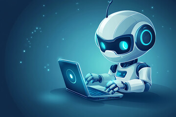 Poster - A cute robot typing on a laptop against a glowing blue background.