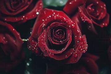 Poster - Deep red roses glisten with delicate water droplets, showcasing their lush petals against a soft green background. Generative AI