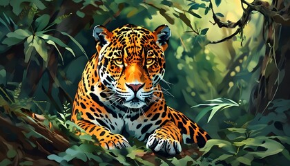 Poster - vibrant jaguar blending seamlessly into a lush, colorful forest habitat