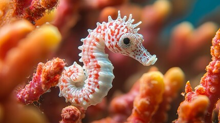 Wall Mural - A White and Red Pygmy Seahorse Gripping a Coral Branch