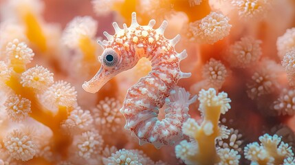 Wall Mural - A Pink-and-White Seahorse Camouflaged Among Coral