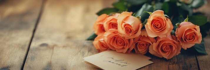 Poster - A delicate bouquet of roses sits gracefully on an aged wooden table, accompanied by a small note expressing heartfelt sentiments. Generative AI