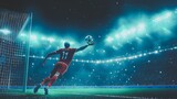 Professional soccer player jumping high in the air to kick the ball towards the goal in a brightly lit night stadium filled with cheering fans and spectators