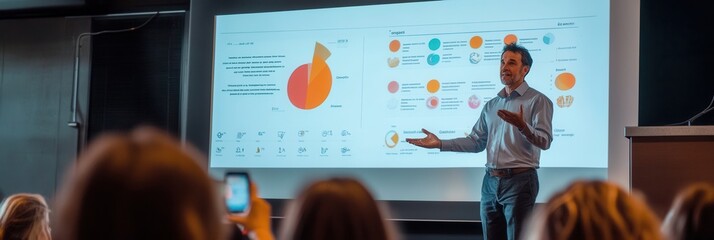 Aufkleber - An expert presents confidently at a conference, using colorful charts to illustrate key points to an attentive audience. Generative AI