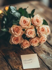 Poster - A beautiful arrangement of pink roses rests on a rustic wooden table, accompanied by a small handwritten note, conveying a personal message. Generative AI