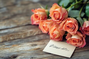 Poster - A beautiful bouquet of pink roses rests on a rustic wooden table, accompanied by a small handwritten note expressing affection. Generative AI