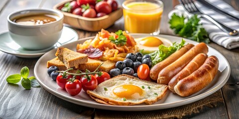 A hearty breakfast plate featuring a fried egg, crispy sausage links, fresh blueberries, juicy tomatoes, and toasted bread.