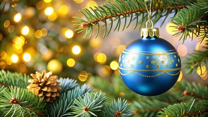 Sticker - A glimmering blue bauble adorned with golden snowflakes hangs from a lush pine branch, illuminated by a warm glow of festive lights.