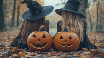 Halloween Celebrations with Witches and Pumpkins in an Autumn Forest Setting