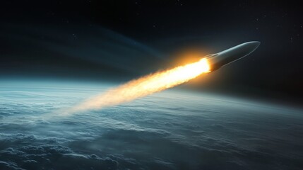 Fototapete - A rocket ascends through the atmosphere, leaving a bright trail of fire behind it. The rocket is seen against a background of clouds and the blackness of space.