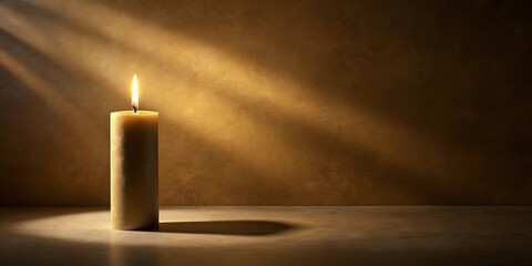 A single burning candle stands tall against a backdrop of warm, textured brown, casting a soft shadow in the warm light.