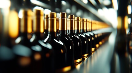 Wine bottles with golden caps on a production line