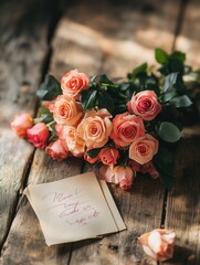 Poster - Delicate roses are arranged thoughtfully beside a small handwritten note on a weathered wooden table, casting a gentle shadow. Generative AI