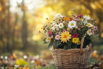 Aufkleber - A wicker basket overflows with vibrant seasonal flowers, enhancing the natural beauty of the outdoor autumn landscape. Generative AI
