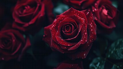 Poster - The bouquet of deep red roses showcases vibrant petals adorned with glistening water droplets, reflecting their freshness and beauty. Generative AI