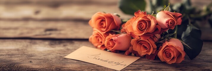 Poster - A delicate bouquet of orange roses rests on a rustic wooden table, accompanied by a small handwritten note for someone special. Generative AI