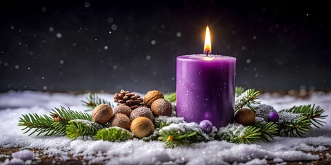 Wall Mural - A single purple candle stands tall, its flame a beacon of warmth amidst a snowy scene, surrounded by evergreen branches and brown orbs, evoking a sense of winter tranquility.