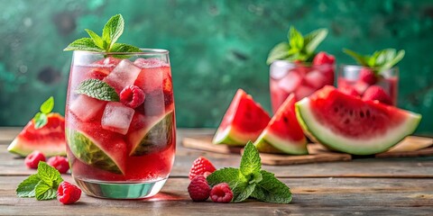 Wall Mural - Refreshing Watermelon and Raspberry Summer Drink with Mint Garnish