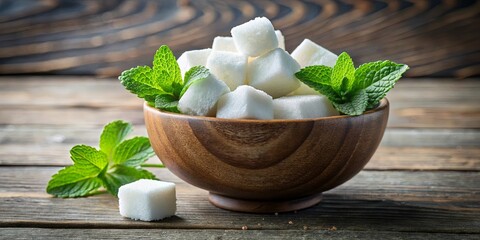 A bowl of white sugar cubes garnished with fresh green mint leaves on a rustic wooden surface.