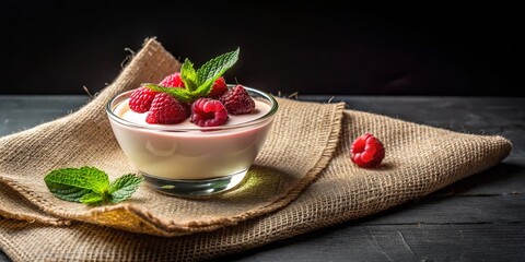 Wall Mural - A single serving of yogurt with fresh raspberries and mint leaves, a rustic presentation on a burlap napkin