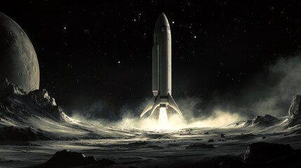 Fototapete - A powerful rocket ignites its engines on the lunar surface, creating a plume of dust while Earth looms in the starry backdrop