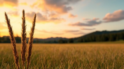 Poster - Golden Grass Meadow Sunset Landscape Photography