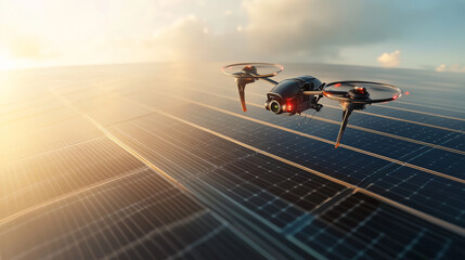 A sleek drone hovers above solar panels, a futuristic scene created using computer graphics.