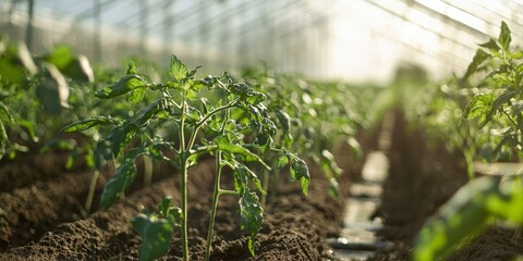 A close-up of a drip irrigation system watering rows of tomato plants in a large greenhouse