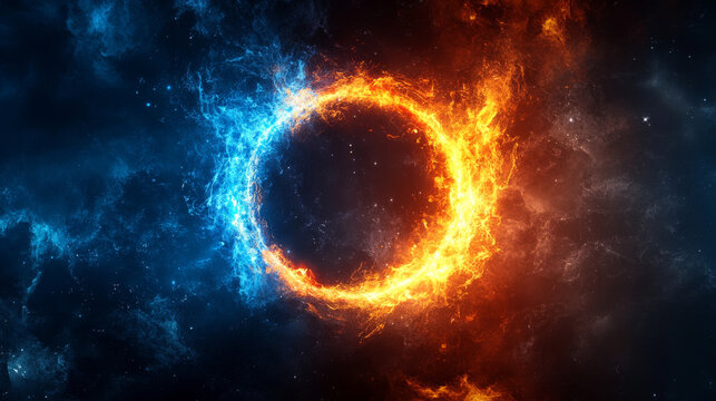 A vibrant ring of fire and ice glows in the vast emptiness of space, a symbol of contrasting forces. This stunning image was created using computer graphics.