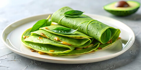 Green crepes made with spinach and topped with avocado slices on a white plate, green, crepes, spinach, avocado, healthy