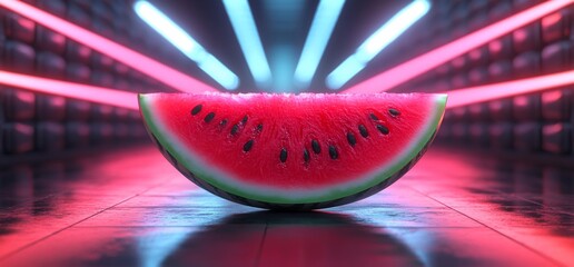 A vibrant slice of watermelon illuminated by colorful neon lights.