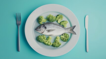 Wall Mural - Healthy Low-Calorie Steamed Fish with Broccoli Meal