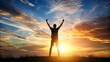 © janya - Silhouette of person raising hands in victory gesture, symbolizing triumph over challenges, success