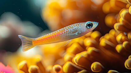 Wall Mural - A Small, Slender Fish with Blue and Orange Markings Swims Above Yellow Coral