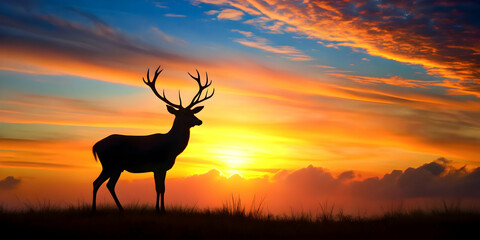 Wall Mural - High definition image of a deer silhouetted against a vibrant sunset backdrop, deer, sunset, wildlife, nature, outdoor