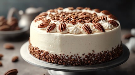 Delicious pecan cake with whipped cream frosting, perfect for a special occasion.