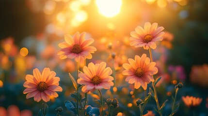 Wall Mural - Sunset Blooms:  Peach-Colored Flowers in a Field