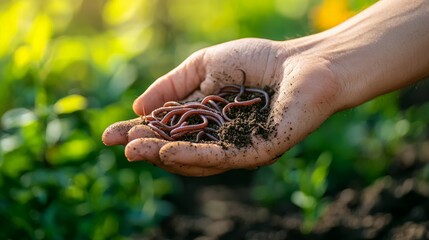 Wall Mural - A close-up of a hand holding earthworms from a healthy, organic soil, symbolizing soil regeneration