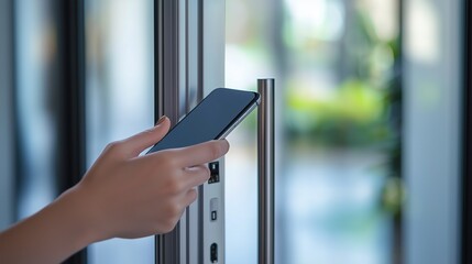 A person uses a smartphone to unlock a door, illustrating keyless entry technology.