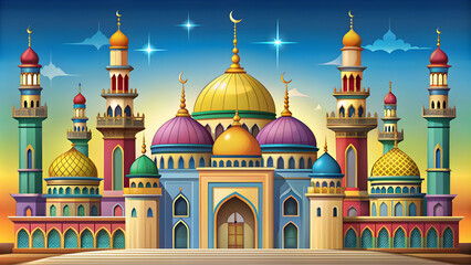 Cartoon of a mosque with colorful minarets and domes , Islam, Muslim, religion, prayer, architecture, building, cartoon