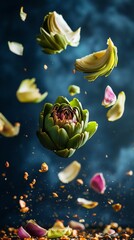 Surreal composition of floating artichoke and flower petals against a dark background, creating a dreamlike and ethereal atmosphere of botanical beauty.